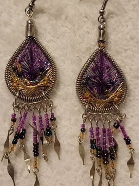 Boho Beaded Dangle Tribal Dreamcatcher Drop Silver Tone Pink Purple Earrings